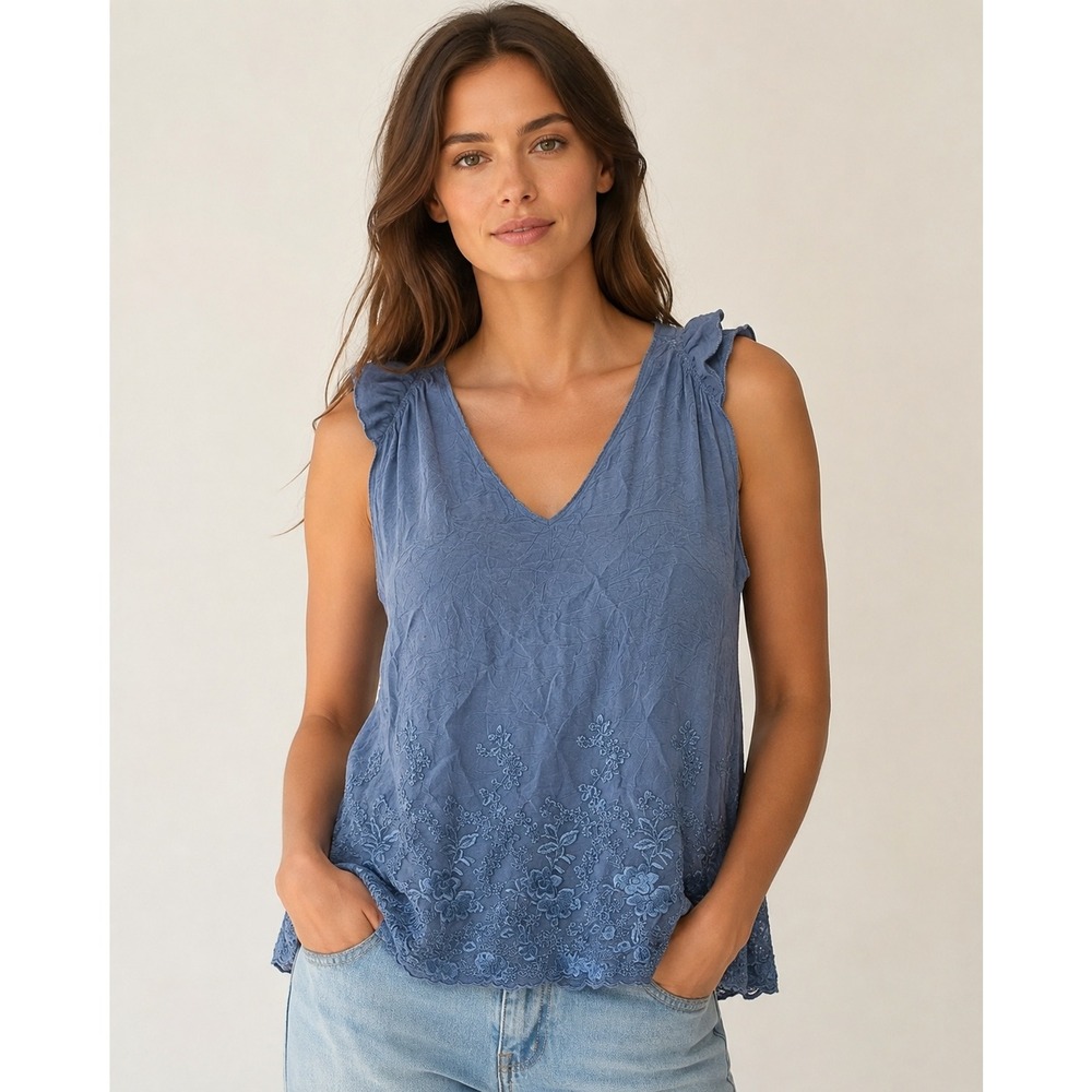 NWT Johnny Was Item Blue Floral Embroidered Lace V-Neck Sleeveless Top XL
